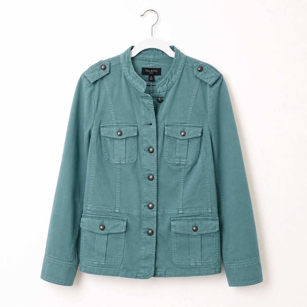 Talbots Denum Utility Jacket Women 2X Teal NWT Military Cargo Twill Stretch
